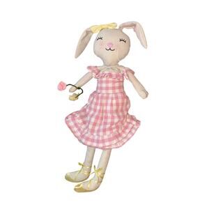 Bunny Rabbit Shelf‎ Sitter-Pink Plaid Dress-Pearl Necklace Ballet Slippers Bow